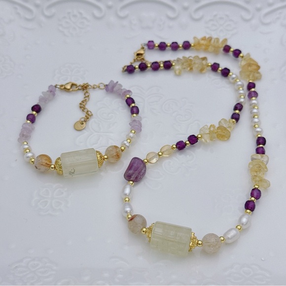 26X46 Handmade Freshwater Pearl Citrine Amethyst Necklace Bracelet Set - Picture 4 of 10